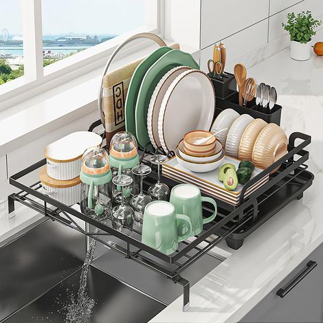Égouttoir à Vaisselle Extensible, Noir Compact EgoutoireVaisselle Cuisine avec Porte-Couverts et Bec d'Égouttage Pivotant (1/5)