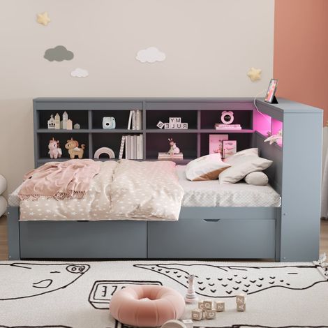 Lit coffre 90 x 200 cm en bois massif gris, tiroirs, prises usb, led et étagères, sans matelas (1/5)