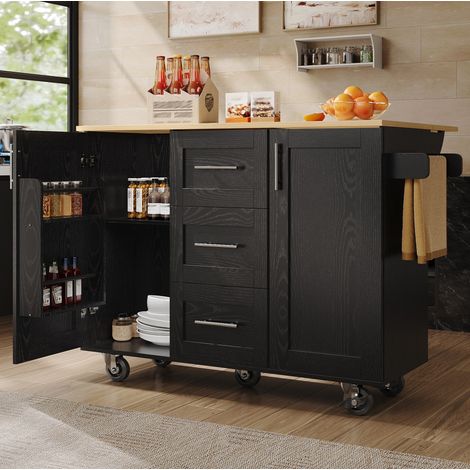Îlot de cuisine 135x46-74x87,2 cm noir en MDF et métal avec rangement, roulettes verrouillables et plateau rabattable (1/5)