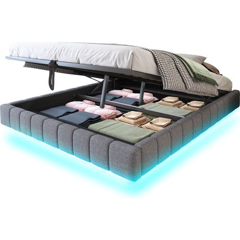 Lit rembourré 160x200 cm avec rangement à relevage, cadre flottant avec LED, sans tête de lit, tissu gris, structure métal pour chambre moderne - CHICFURN (1/5)