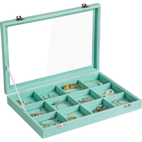plateau à bijoux en velours avec couvercle transparent et compartiments ajustables - 35 x 24 x 5 cm (1/5)