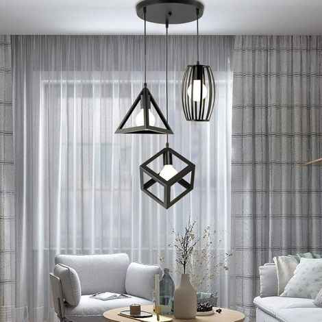3 Lampes Suspensions Luminaire Design Géométrique Moderne E27 Lustre Suspensions Abat Jour en Métal Plafonnier pour Chambre Salon - Noir