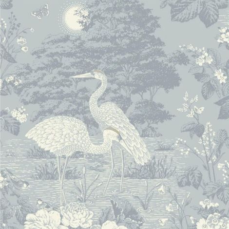 Izumi Oriental Cranes Wallpaper Paste the Paper Half Drop Match 10m x 52cm Blue (1/4)