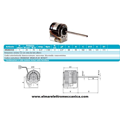 ELCO 3RGM 25-20 Motore 75 W MONOALBERO 3 Velocità aspiratore Fan Coil