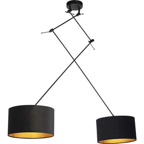 QAZQA Moderno Lámpara colgante negra con pantallas de terciopelo negro y dorado 35 cm 2 luces - Blitz Textil /Acero Cilíndra /Alargada /Redonda Adecuado para LED Max. 2 x 60 Watt