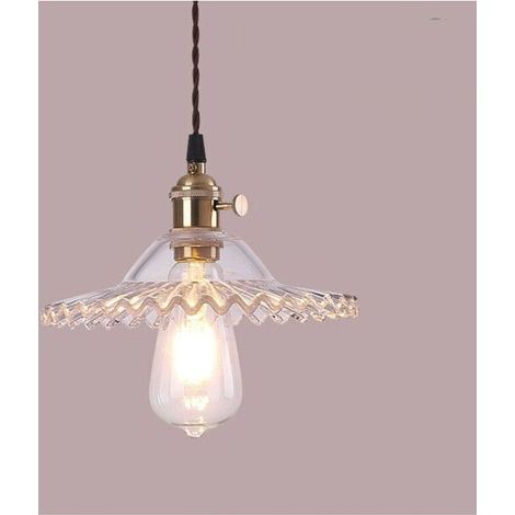 Suspension industrielle vintage en verre – Abat-jour transparent Ø22cm – Support laiton – Interrupteur intégré – Pour espaces de 10 à 15 m² (1/5)