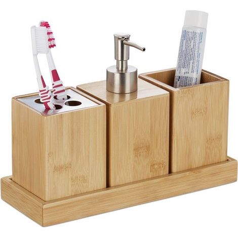 Relaxdays accessoires de salle de bain, lot de 4, bambou, distributeur de savon à pompe, gobelet à brosse à dents, bol, nature