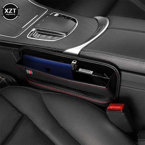 (noir) Organisateur de console latérale en similicuir noir pour siège avant, rangement pour téléphone, clés et petits objets, intérieur automobile (1/4)