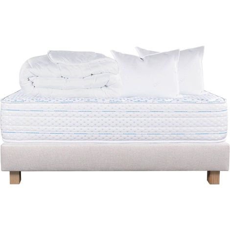 THELIO - Pack Matelas + Sommier Tapissier Beige 140x190 cm + 2 Oreillers + 1 Couette (1/5)
