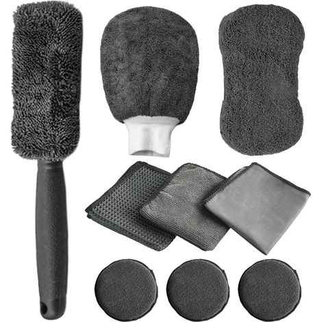 Autoreinigungsset, 9-teilig, Fahrzeugpflegeset, inklusive Bürste, Reifen, Polierpads, Schwamm, Mehrzwecktücher, Grau