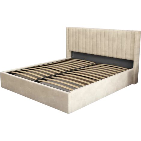 Lit coffre velours beige sommier inclus 160x200 cm CAMILLE