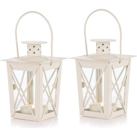 Lot de 2 lanternes blanches en verre à poser/à suspendre, lanternes portables en verre.