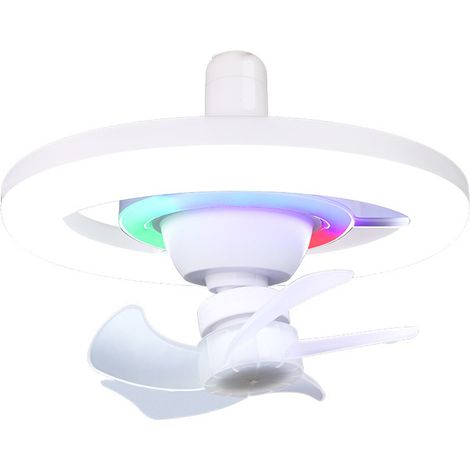 Ortviai Ventilateur-lampe LED avec télécommande, 16 couleurs, tête orientable 360°, culot E27, blanc