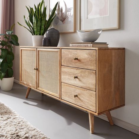 Buffet 2 portes 3 tiroirs 140x40x75 cm en manguier naturel (1/5)