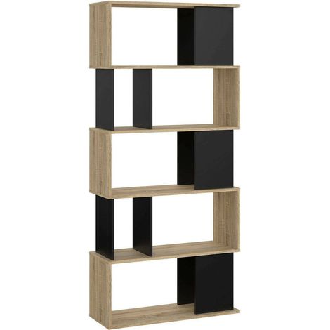 Dmora – Bibliothèque moderne 5 étagères asymétriques – Couleur chêne et noir – Dimensions 80 x 175 x 29 cm – Résistante aux chocs et rayures (1/5)