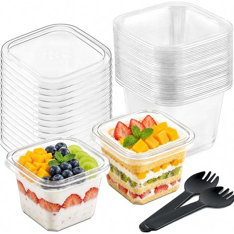 Lot de 50 gobelets à dessert en plastique avec couvercle, 360 ml, avec cuillères et étiquettes, bols à dessert rectangulaires, réutilisables pour Tiramisu mousse, pudding, collations