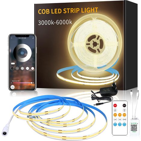 Ruban LED 5M avec Télécommande Contrôle APP DC24V 3000K Blanc Chaud Bande LED COB Flexible Dimmable Convient pour Chambre, Armoire, DIY Décoration (1/5)