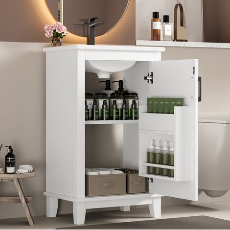 Mobile lavabo a pavimento moderno bianco 51x34x83 cm in MDF laccato con lavabo integrato in ceramica e 1 anta (1/5)