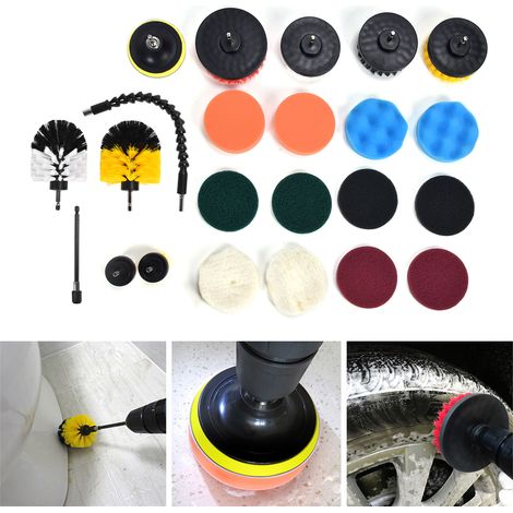 Ensemble de 23 accessoires de nettoyage pour perceuse, comprenant brosses, tampons à récurer, éponges et tige de connexion. (1/5)