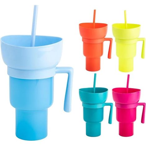Gobelet 2 en 1 pour boissons et collations, gobelet isotherme, bol à collations avec paille, réutilisable, lot de 5 (1/5)