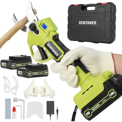 DEWINNER Sécateur Électrique Sans Fil – Sécateur à Batterie Brushless avec Lame SK5, Écran LCD, 2x2000mAh, Coupe Réglable Ø25mm pour Jardin, Arbres et Fleurs