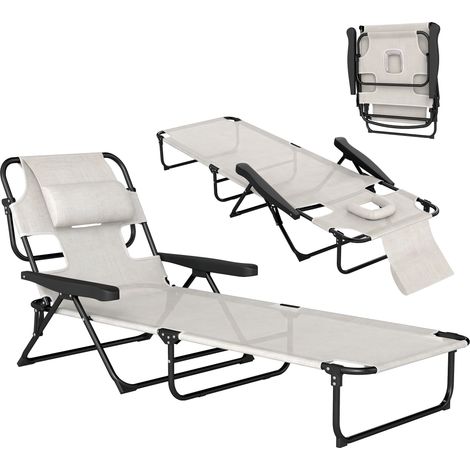 Chaise longue jardin pliante dossier réglable 4 niveaux trou lecture appui-tête crème, 72x194x89 cm (1/5)