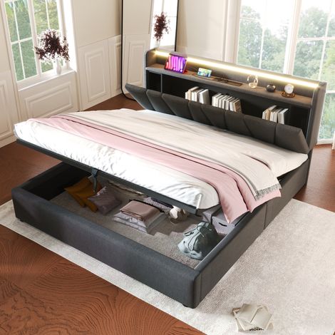 lit coffre 140x200 LED USB tissu gris HAVRYA (1/5)