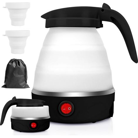 Bouilloire Pliable 0,6 L Bouilloire électrique en Silicone avec Fond en Acier Inoxydable, Petite Bouilloire de Camping, Mini Bouilloire de Voyage Portable Pliable pour Camping Vacances Hôtel (Noir) (1/5)