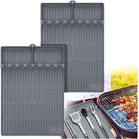 2 Pièces Tapis de Cuisson Barbecue 40 30 cm, Ustensiles Barbecue Compatible avec Grille à Gaz, Tapis de Spatule en Silicone Tapis d’Etagère Latérale pour BBQ Grills Comptoirs (Gris - Mince)