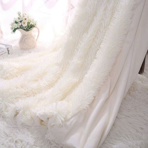 Plaid Couverture Polaire Super Doux Plaid en Microfibre Aspect Fausse Fourrure Artificielle Jeté de Canapé Douce et Chaude pour Couvre-Lit/Climatisation TV (Blanc, 130X160 CM) (1/5)