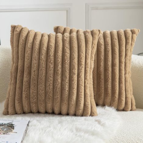 Lot de 2 Housses de Coussin en Peluche Douce 35x35, Housse Decorative a Rayures Moelleuses pour Canape et Chambre, Camel (Sans Rembourrage) (1/5)