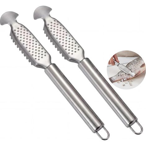 Écailleur à poisson multifonction en acier inoxydable avec zone pour gingembre et encoche d'ouverture, manche rond, grattoir à poisson, lot de 2 (1/5)