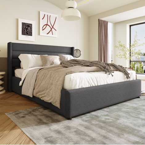 Cama con almacenaje moderna 180x200 cm de lino gris con cabecero tapizado y somier elevable (1/5)