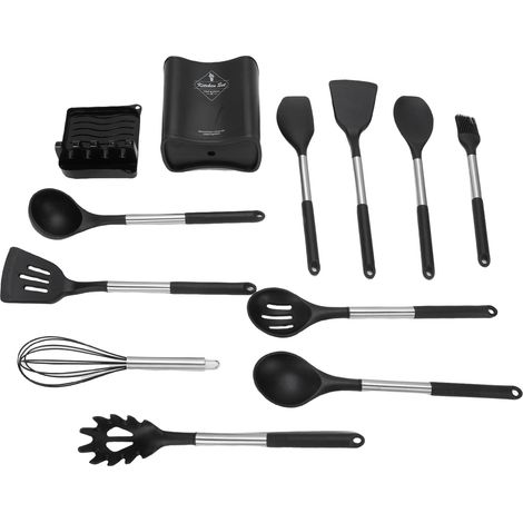 Ensemble d'ustensiles de cuisine, spatule de cuisine en Silicone résistant à la chaleur, cuillère avec support, poignée en acier inoxydable, facile à nettoyer, noir (1/5)