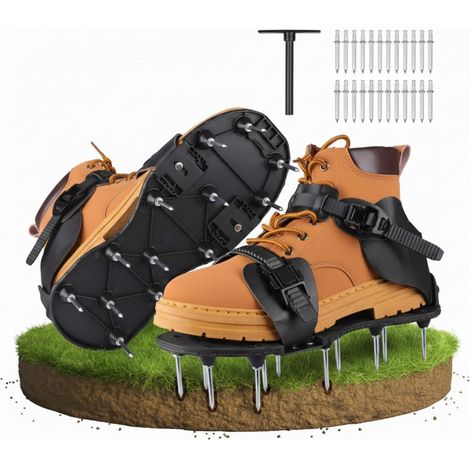Sandales Aérateur de Pelouse, Chaussures à Clous pour Gazon avec 26 Pointes en Acier Inoxydable, Semelles Aérantes Réglables pour Aération du Sol, Jardin, Terrain (Noir) (1/5)