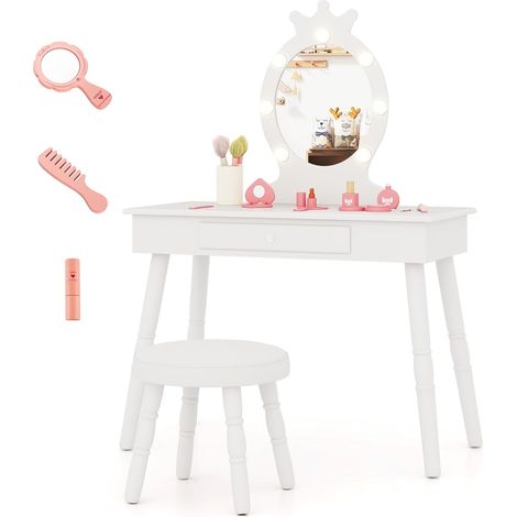 COSTWAY Coiffeuse Enfant Fille avec Miroir & Lumière LED à 3 Couleurs, Table de Maquillage et Chaise avec Tiroir et Forme de Couronne, Dispositif Anti-basculement, Charge 50/50kg pour 3-7 Ans (1/5)