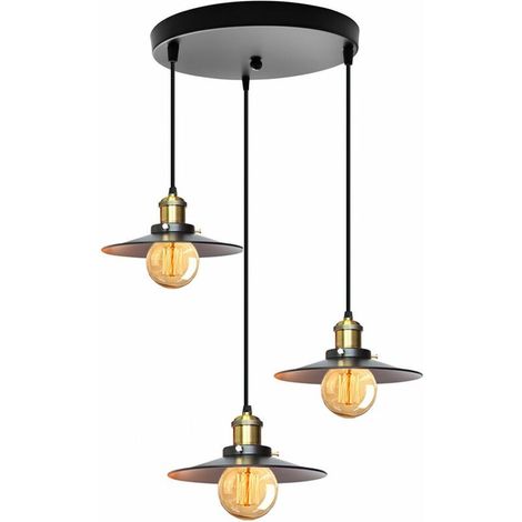 Lustre Suspension Industrielle Vintage E27 Luminaire 3 Douille Edison Lampe Abat-jour Design Rétro Métal Lampe de Plafond avec Rond Base - Noir BLOW (1/5)