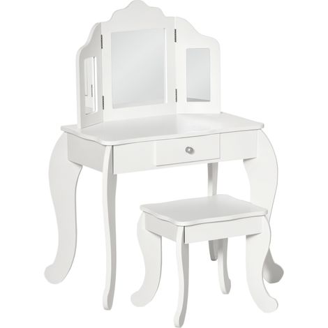 Coiffeuse Enfant avec Tabouret, Coiffeuse Bureau 2 en 1 Miroir triptyque et tiroir Coulissant - Coiffeuse dim. 63L x 40l x 85,5H cm - Blanc Acrylique