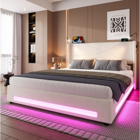 lit adulte rangement 140x200 velours beige LED OKMYHOME (1/5)