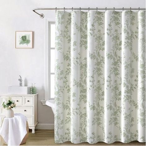Rideau de Douche en Coton 183 x 183 cm, Motif Floral Champêtre Vert Sauge, Imperméable et Élégant, Décoration de Salle de Bain Printanière (1/5)
