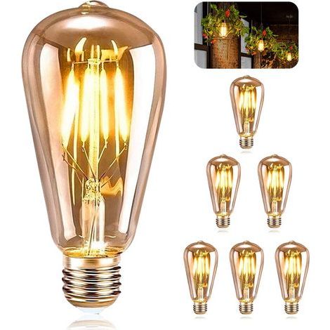 6 lampadine vintage E27, LED ST64 stile retrò Edison, filamento bianco caldo da 4W per ristoranti, bar e caffetterie. (1/5)