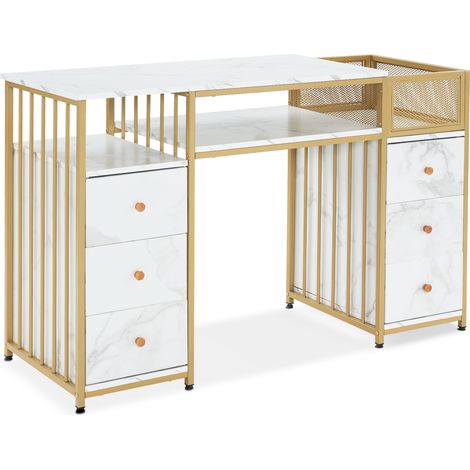 M MCombo Schreibtisch mit 6 Schubladen, Nageltisch aus Holz Metallgestell, Manikürtisch Marmor-Weiß Gold, Schminktisch ohne Spiegel Modern, Computertisch mit Ablagen Wohnzimmer, 46x125x81cm, 2425