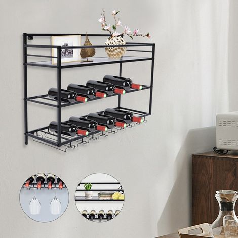 Étagère à vin murale à 3 niveaux Support mural pour bouteilles de vin Étagère à vin Étagère à vin murale Comptoir de cuisine 80 x 25 x 55 cm (1/5)