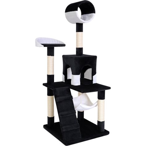 lionto Kratzbaum, stilvoller 133 cm Katzenbaum mit Plüschbezug, robusten Sisalstämmen & vielseitigen Liegeflächen, schwarz/weiß