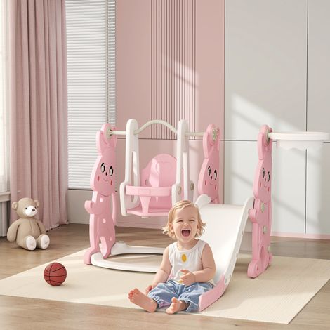 Toboggan et balançoire pour enfants 4 en 1 avec panier de basket 147,5x160x107cm - rose