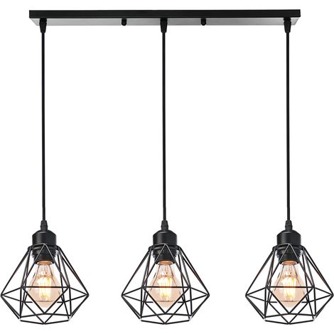 Suspension Industrielle 3 Lampes Lustre Métal Plafonnier Lumières E27 pour Salon Cuisine Chambre Salle à Manger, Noir (1/4)