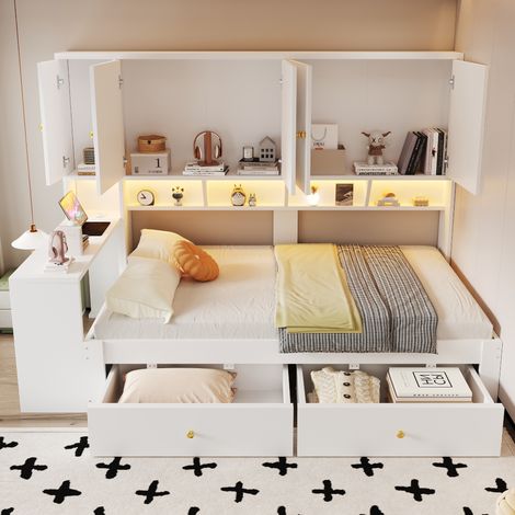 Lit en bois multifonction 90x200 cm avec bureau intégré, armoires et étagères multiples, tiroirs, LED et prises, blanc, design fonctionnel et pratique (1/5)