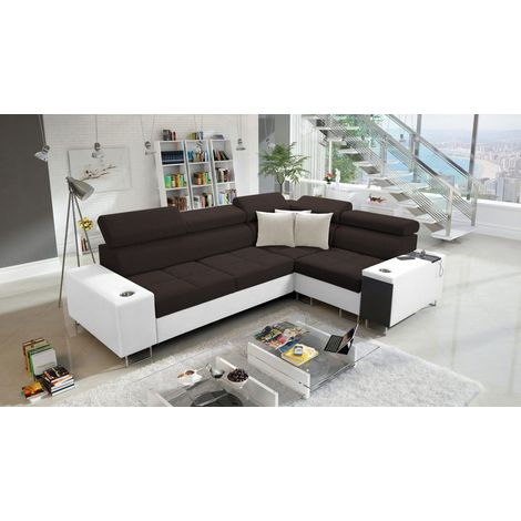Elegantes Ecksofa mit Konsole und Ladegerät MORENA II Kunstleder/Sawana Weiß/Dunkelbraun Rechts (1/5)
