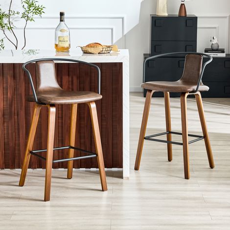 Tabouret de Bar avec Accoudoirs, Dossier Ergonomique, Repose-Pieds Métal, Bois Marron (1/5)