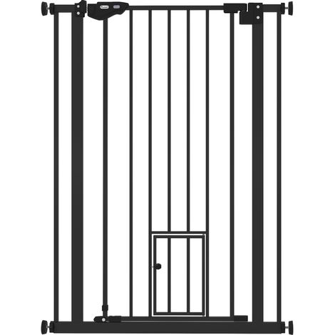 Barrière de sécurité animaux 104H cm, haute conception avec porte chat, fermeture automatique, double verrouillage, sans perçage 74-80 cm, acier noir (1/5)